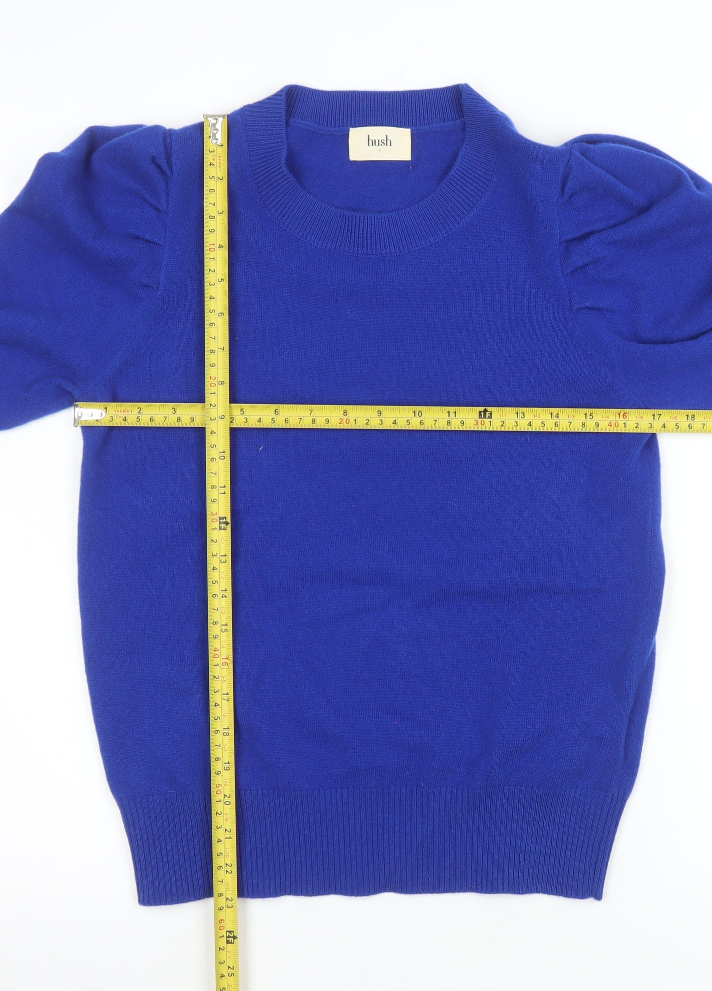 Hush Women's Blue Wool Crew Neck Puff Sleeve Jumper Size S
