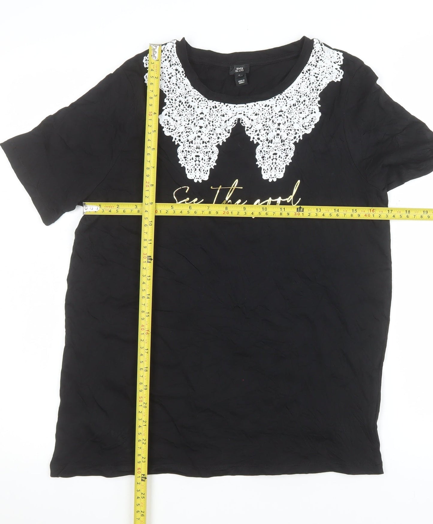 River Island Women’s Black Lace Collar T-Shirt Size 10