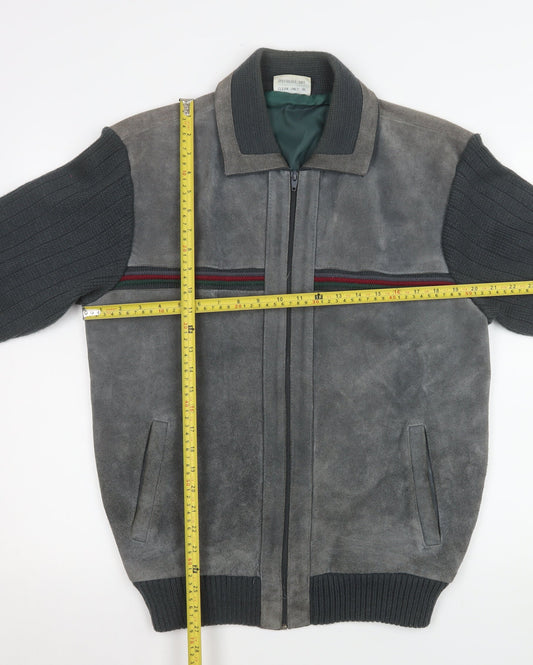 Greenwoods Mens Grey Leather Knit Bomber Jacket Size 42 Regular