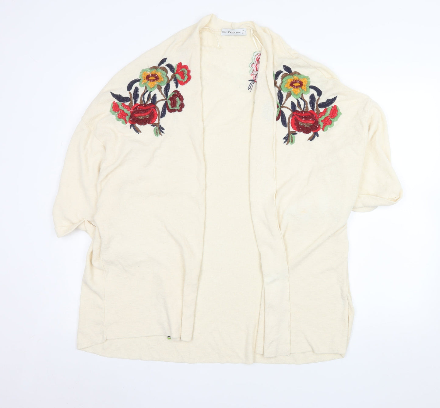Zara Women Ivory Floral Embroidered Knit Cardigan Size 12