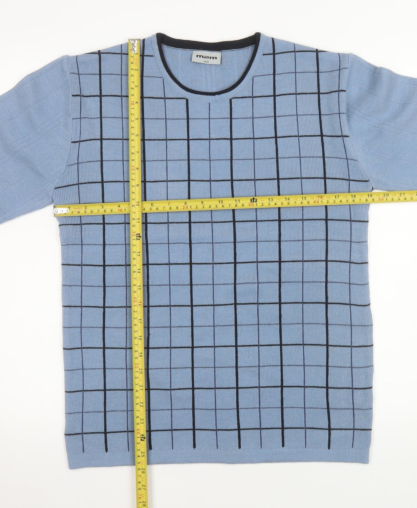 m2m Men's Blue Check Knit Crew Neck Acrylic Jumper Size S