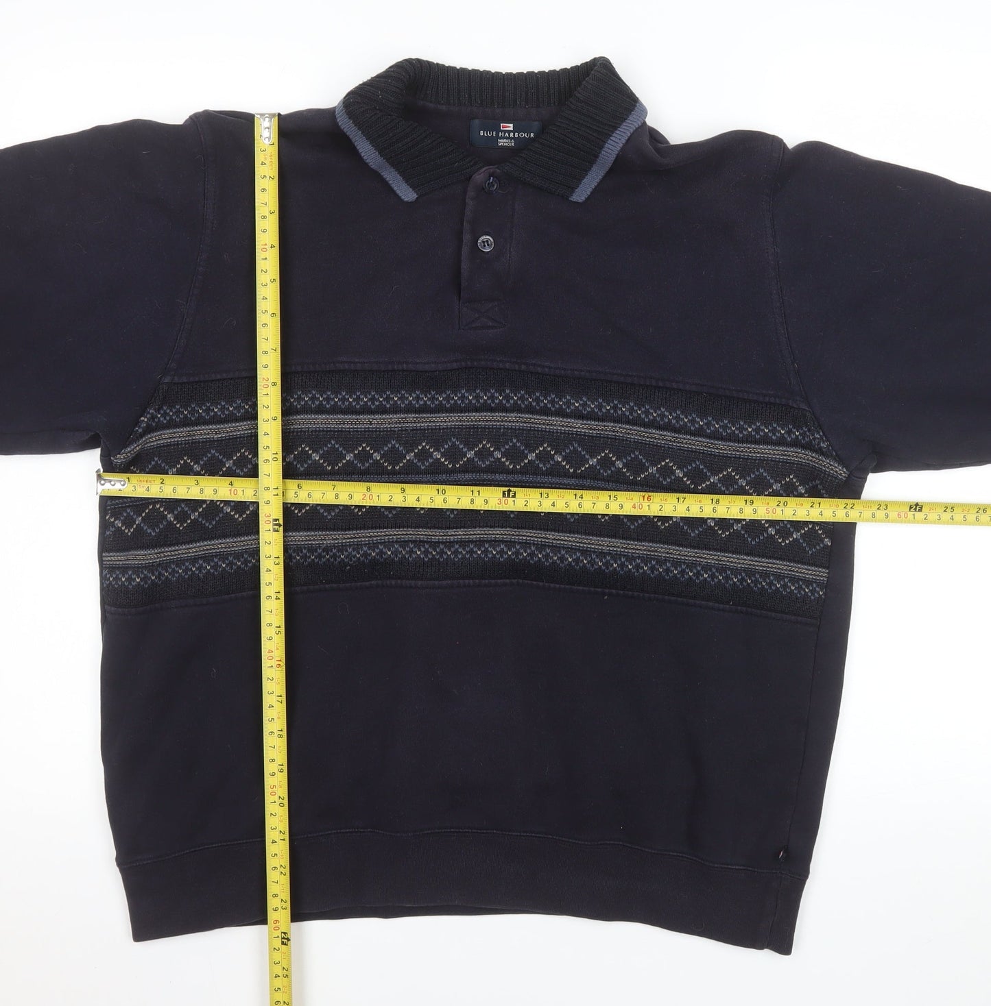 Marks and Spencer Men's Navy Fair Isle Collared Henley Sweatshirt Medium