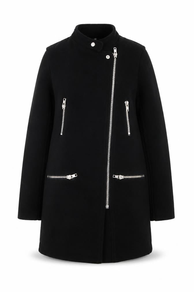Front view of Missguided women’s black biker style coat, size UK 8, regular fit