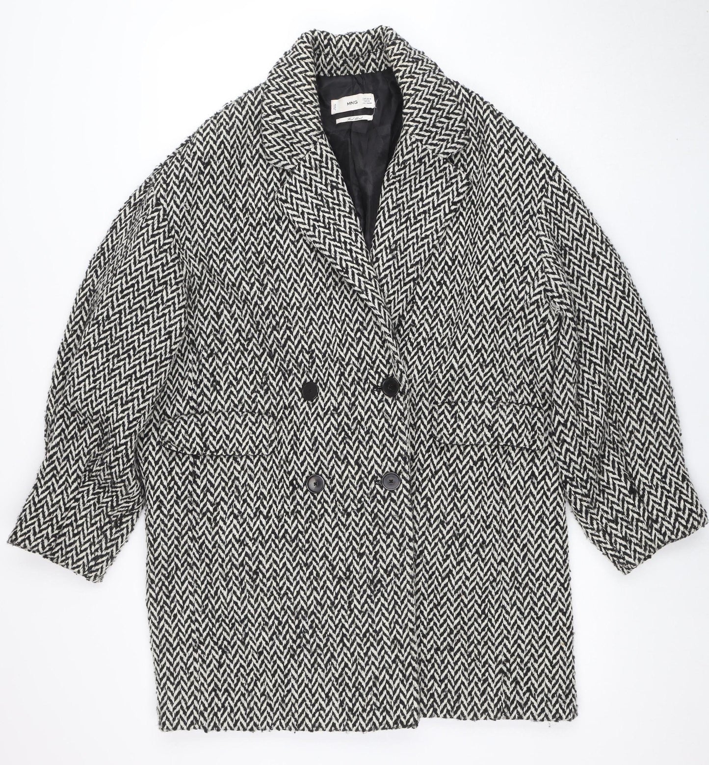 Mango Women’s Black Herringbone Wool Blend Mid-Length Coat Size M