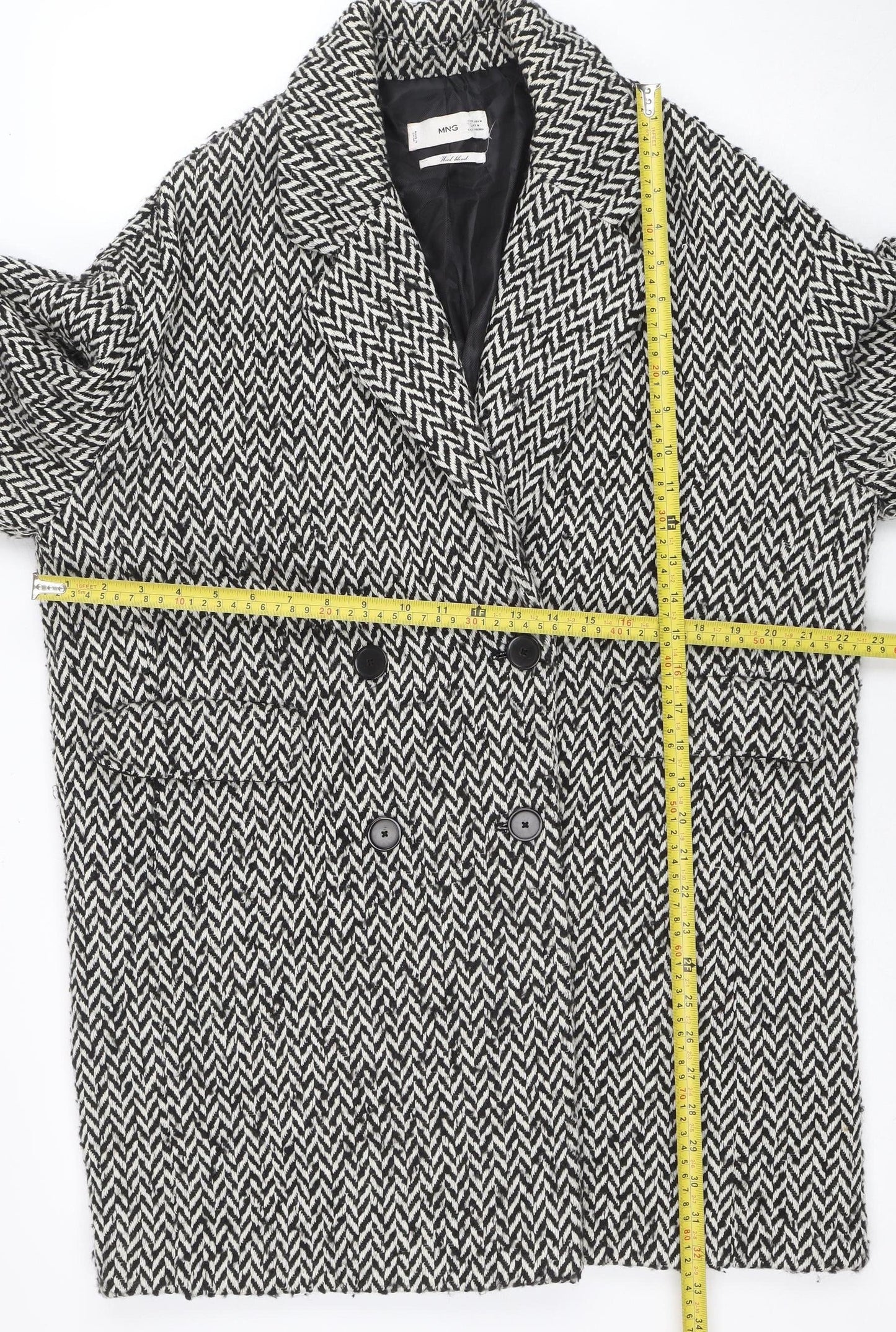Mango Women’s Black Herringbone Wool Blend Mid-Length Coat Size M
