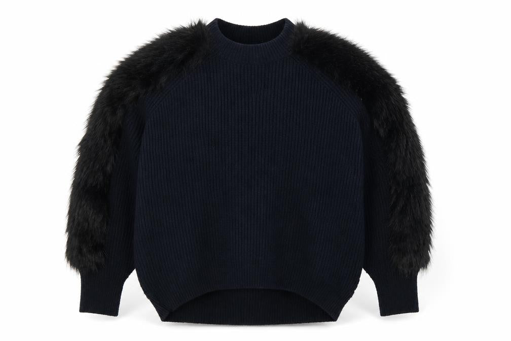 H&M Women’s Black Faux Fur Trim Knit Jumper Size M