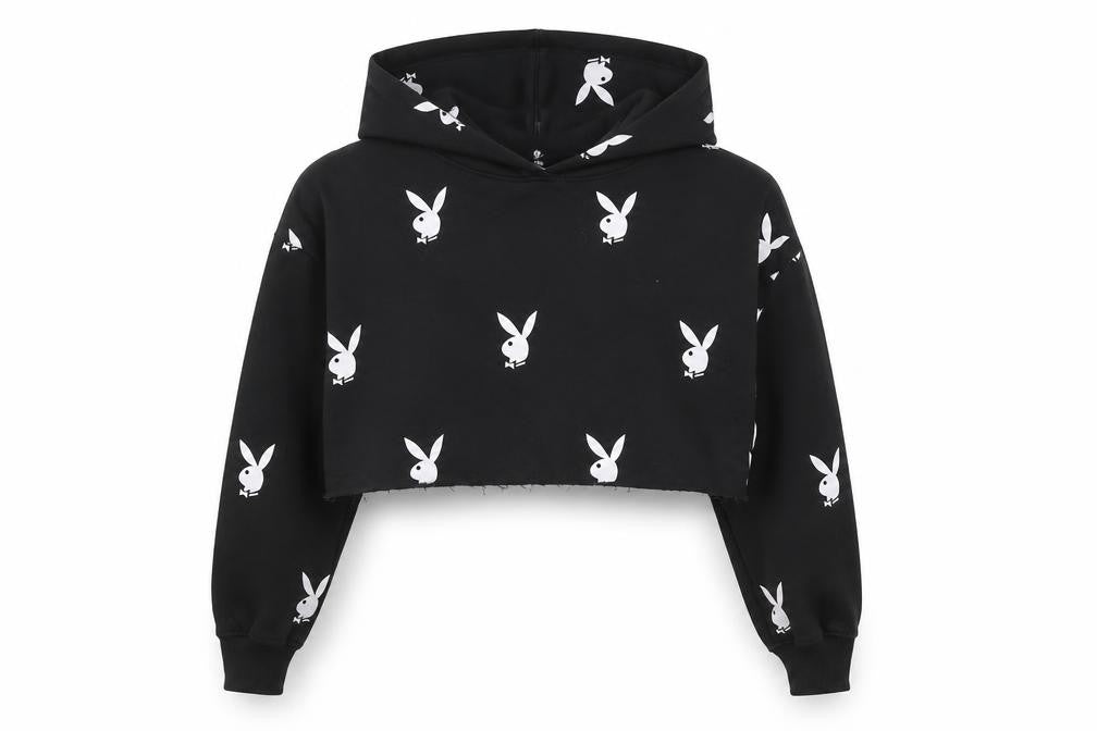 Front view of Playboy x Missguided women’s black cropped hoodie uk 10 hooded pullover