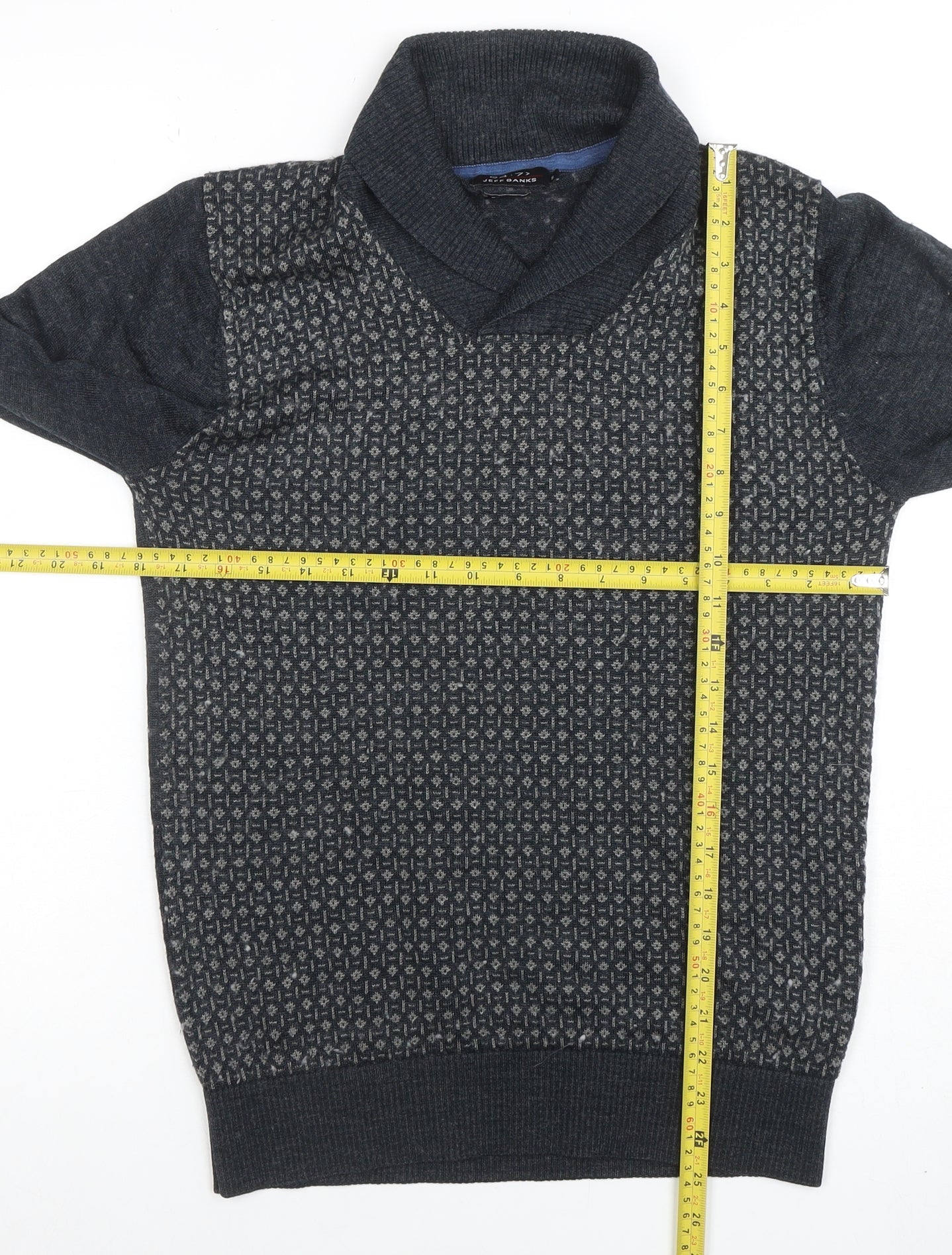 Jeff Banks Mens Grey Wool Mix Shawl Neck Jumper Small Classic Knit