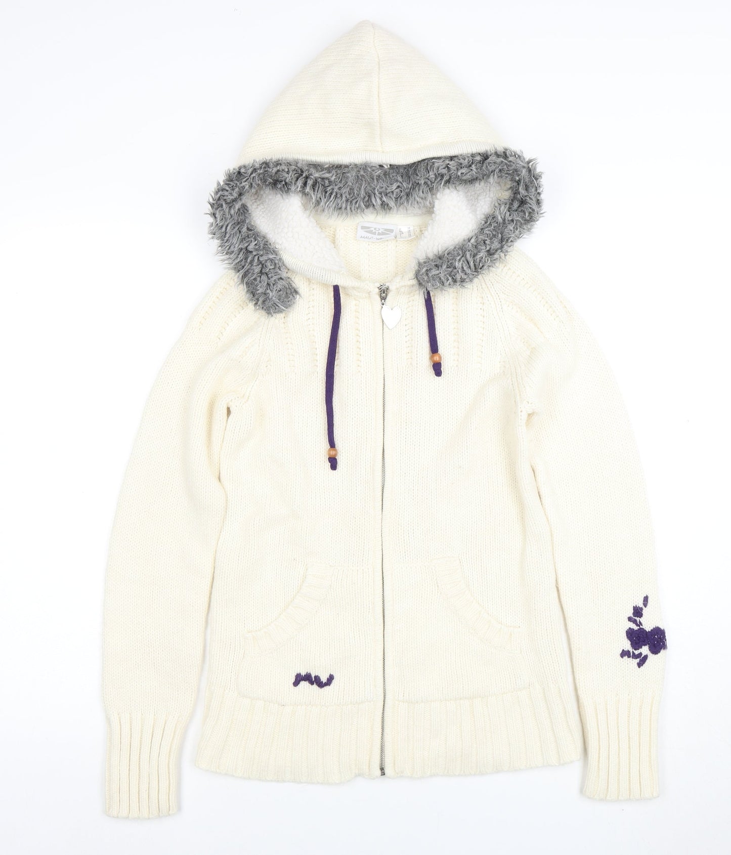 Maui Wowie Women’s Ivory Hooded Full Zip Knit Jumper Size 10