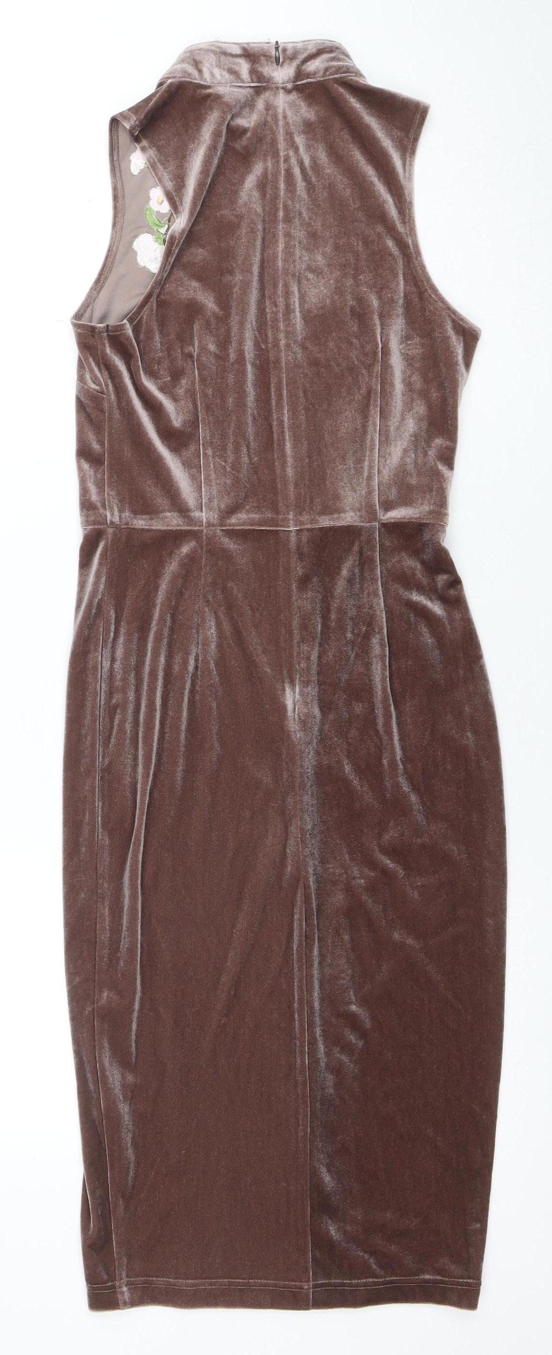 Motel Women’s Brown Floral Embroidered Velvet Bodycon Midi Dress Size 8