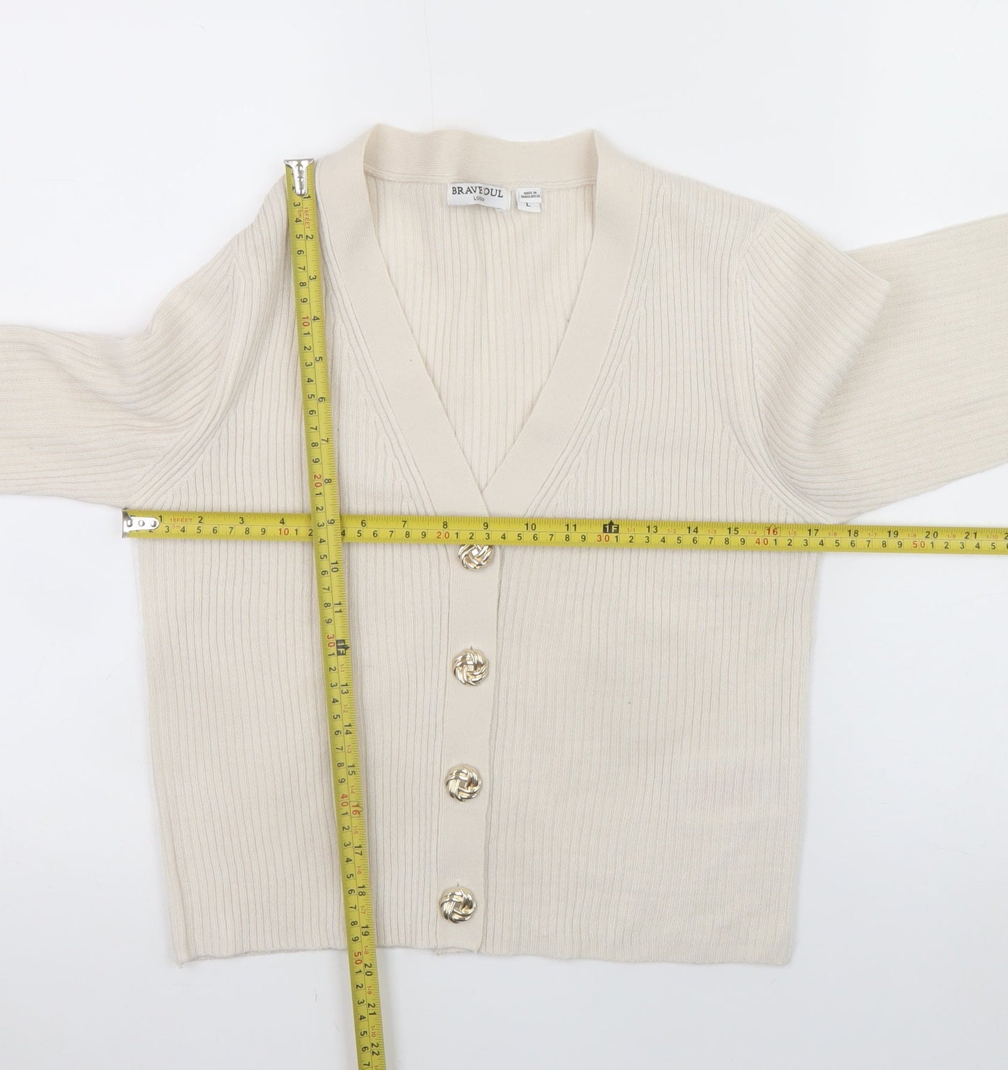 Brave Soul Women Beige V-Neck Ribbed Knit Button Cardigan Size L