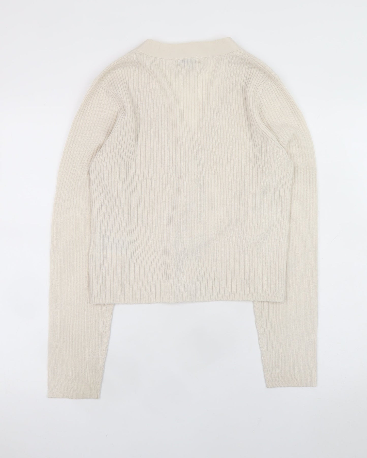 Brave Soul Women Beige V-Neck Ribbed Knit Button Cardigan Size L