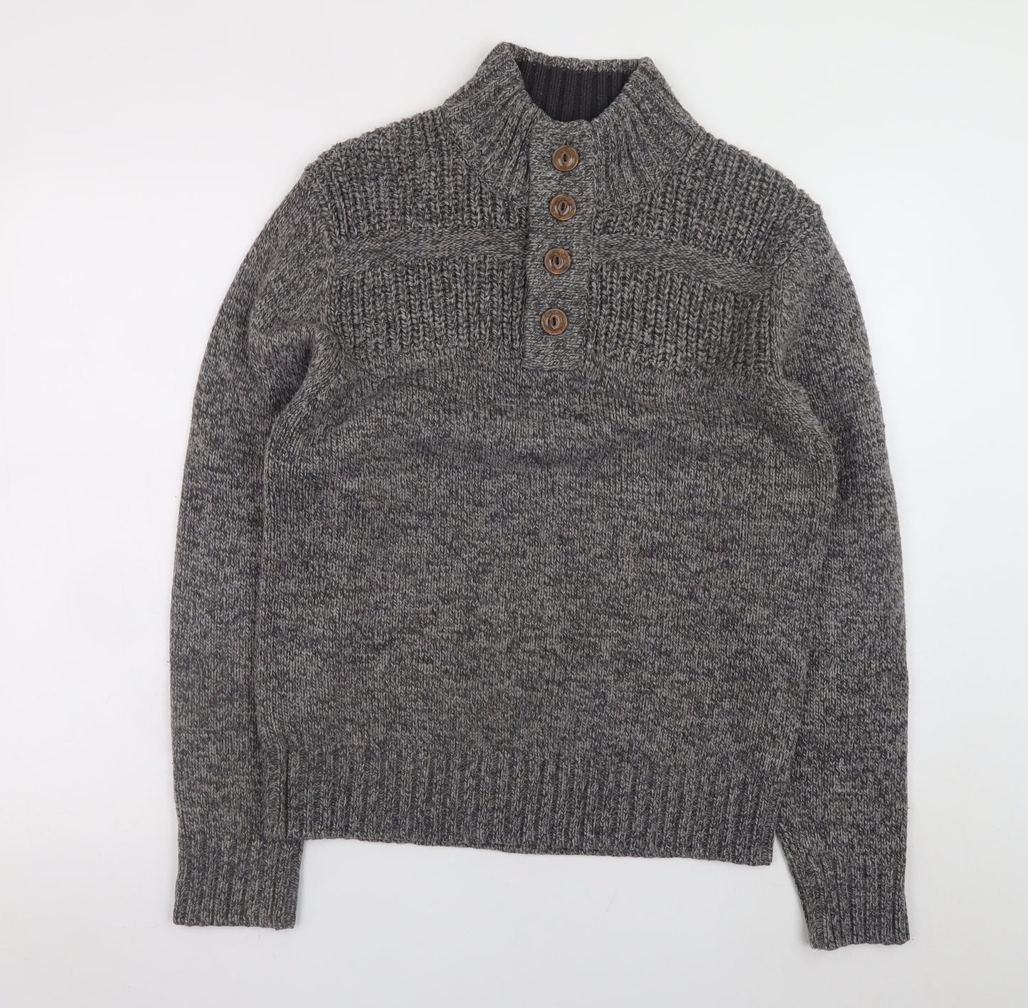 George Men’s Grey High Neck Henley Jumper Small Acrylic Knit