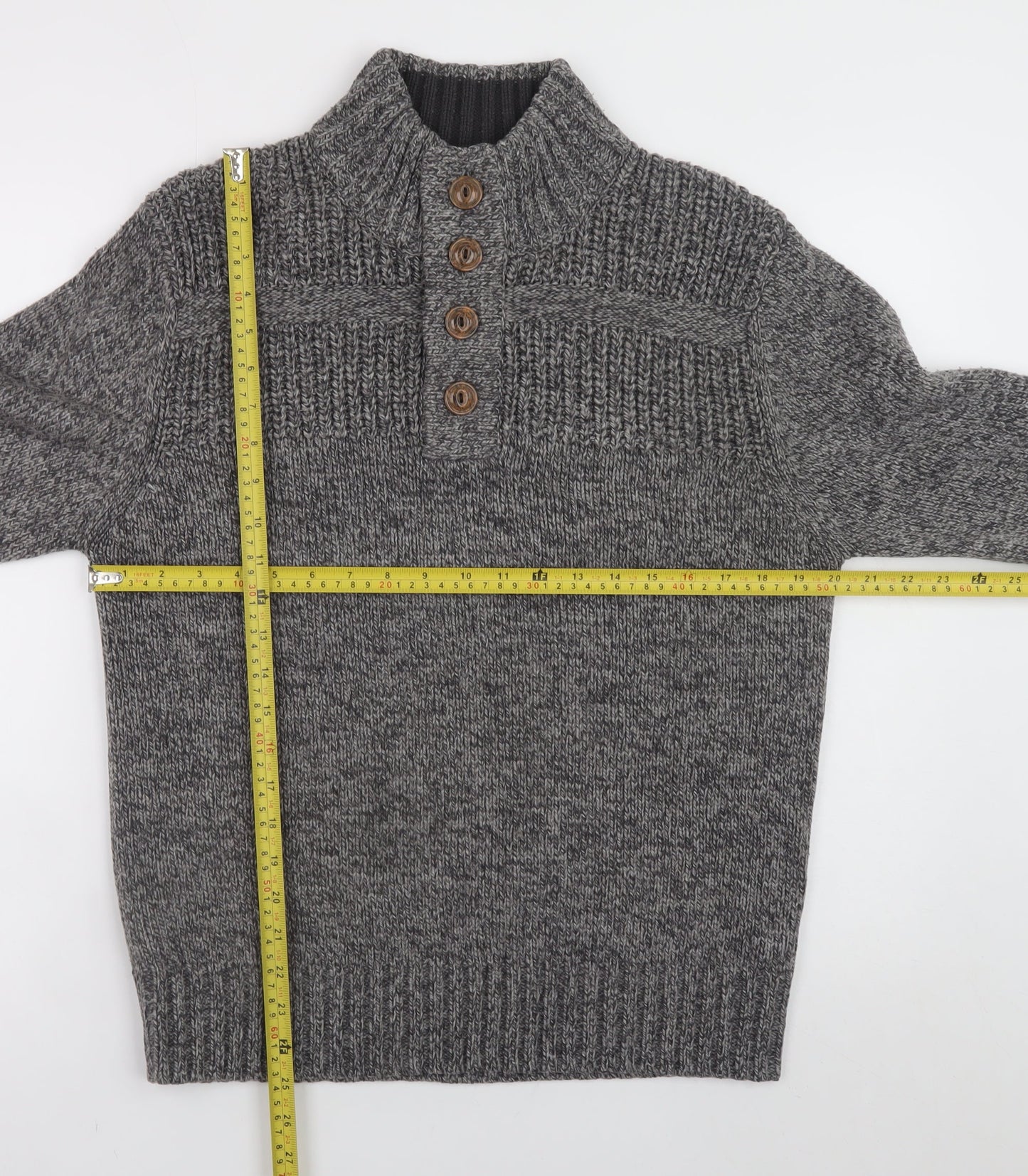 George Men’s Grey High Neck Henley Jumper Small Acrylic Knit