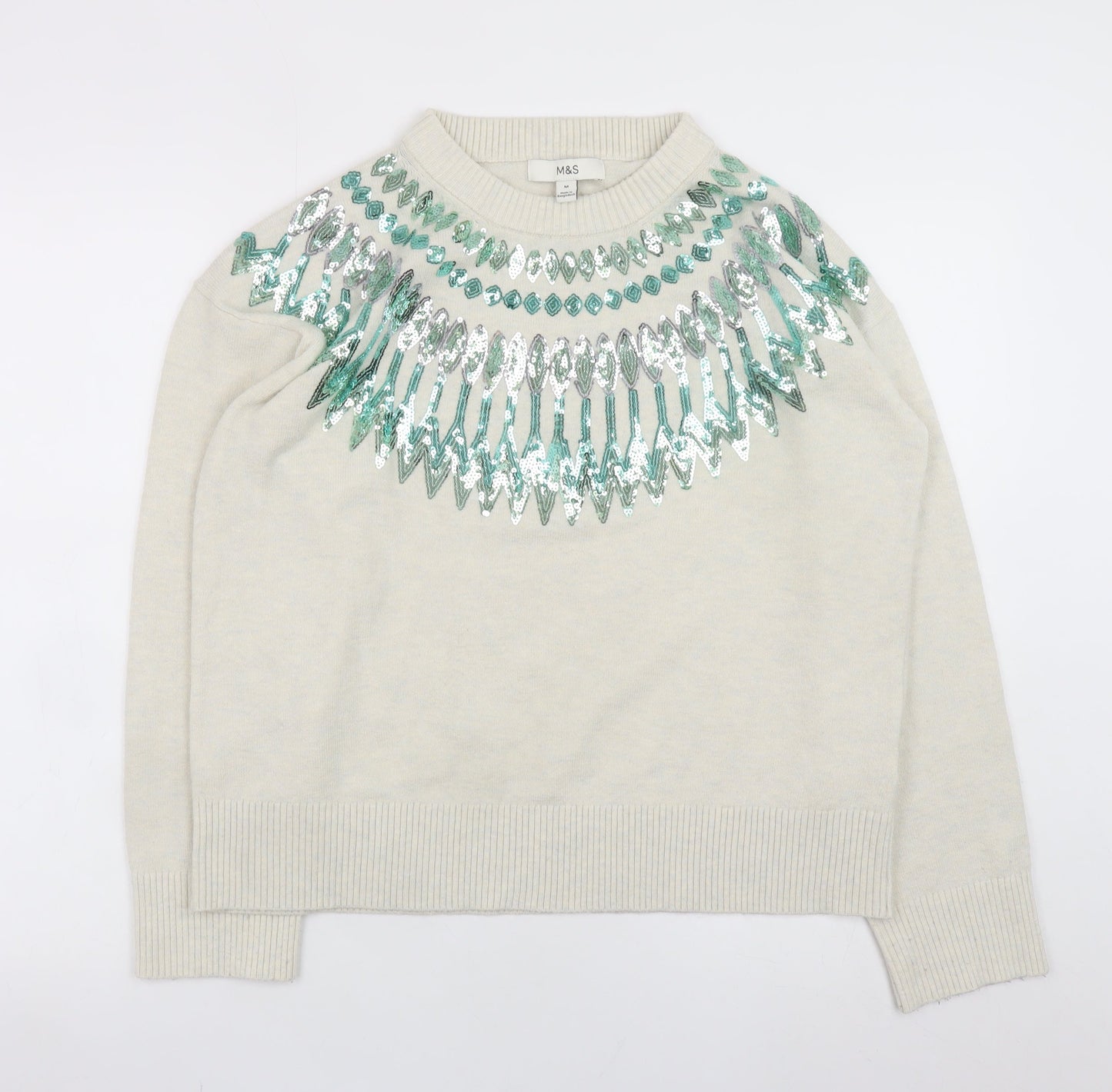 Marks and Spencer Women Ivory Sequin Crew Neck Jumper Size M