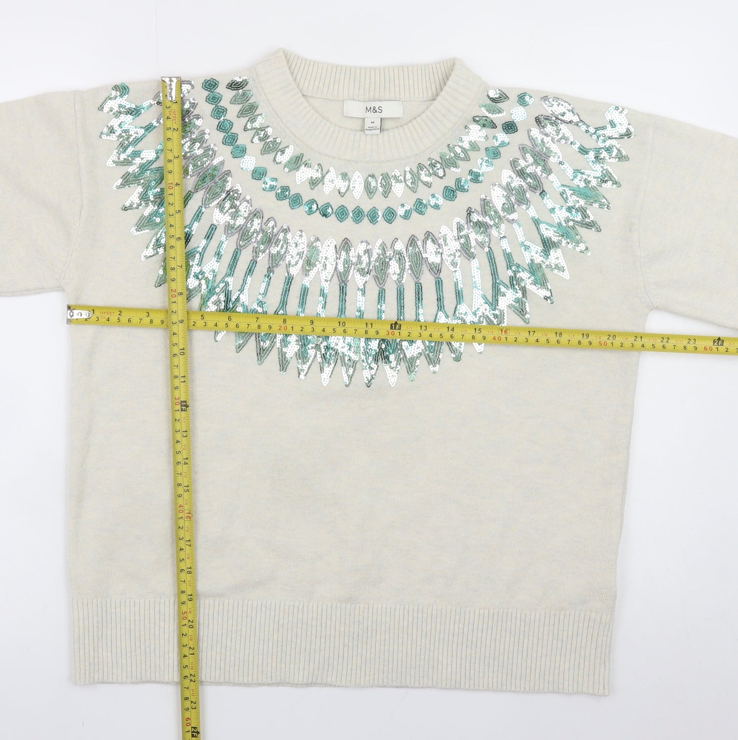 Marks and Spencer Women Ivory Sequin Crew Neck Jumper Size M