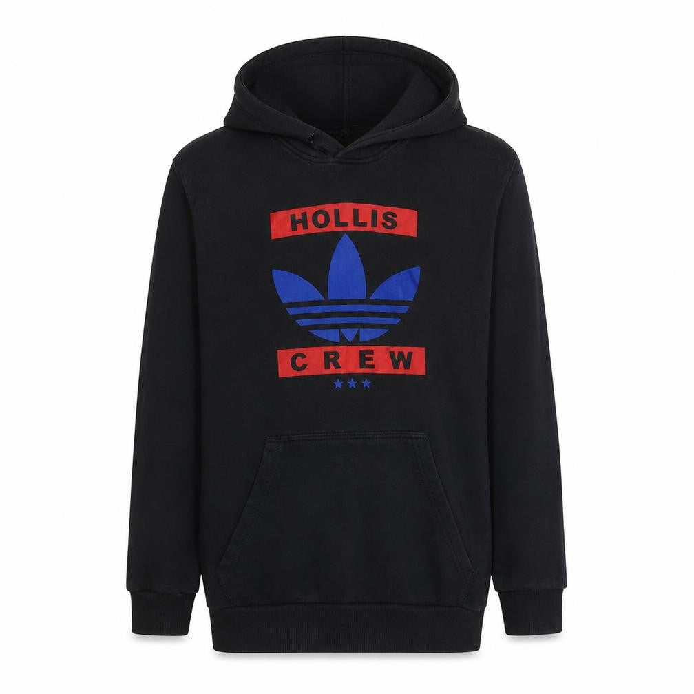 Front view of adidas men’s black hoodie l pullover hooded fleece hollis crew sweatshirt