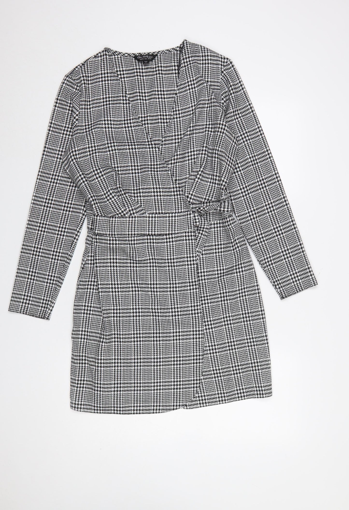 Miss Selfridge Women Black Check Wrap Dress Size 10 Long Sleeve