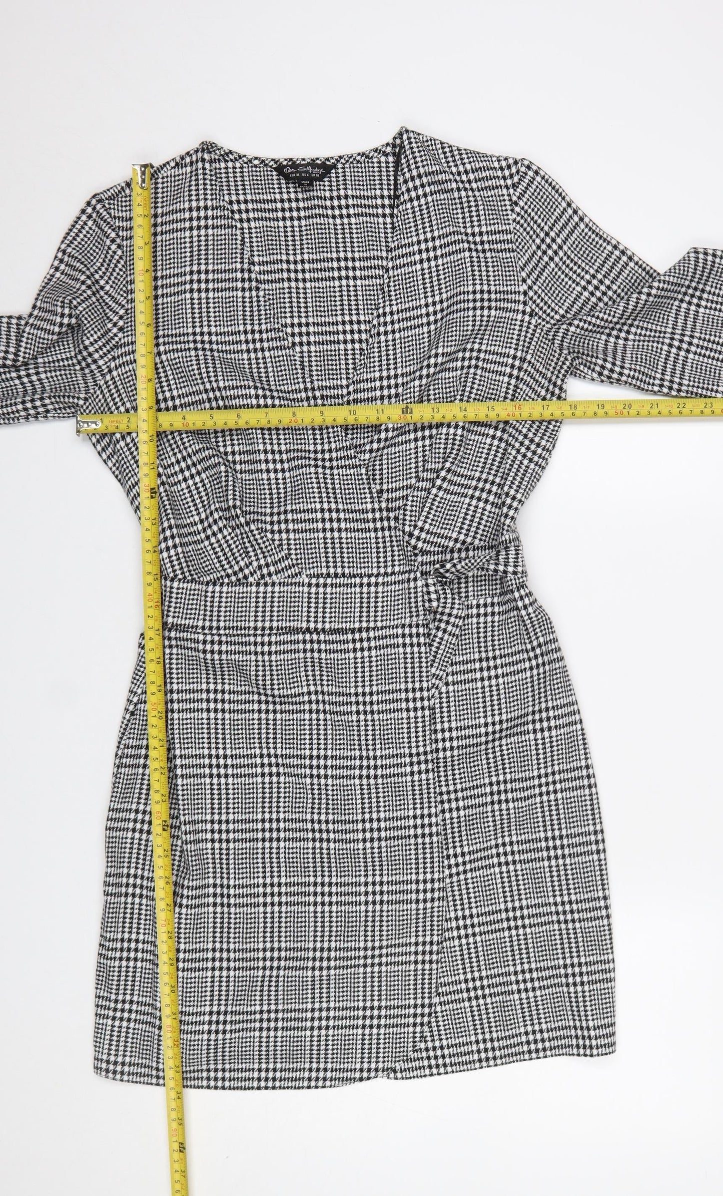 Miss Selfridge Women Black Check Wrap Dress Size 10 Long Sleeve
