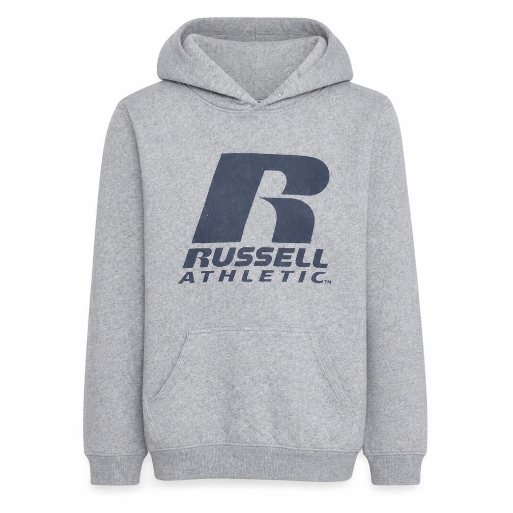 Front view of Russell Athletic boys’ grey pullover hoodie 15-16 years fleece logo sweatshirt
