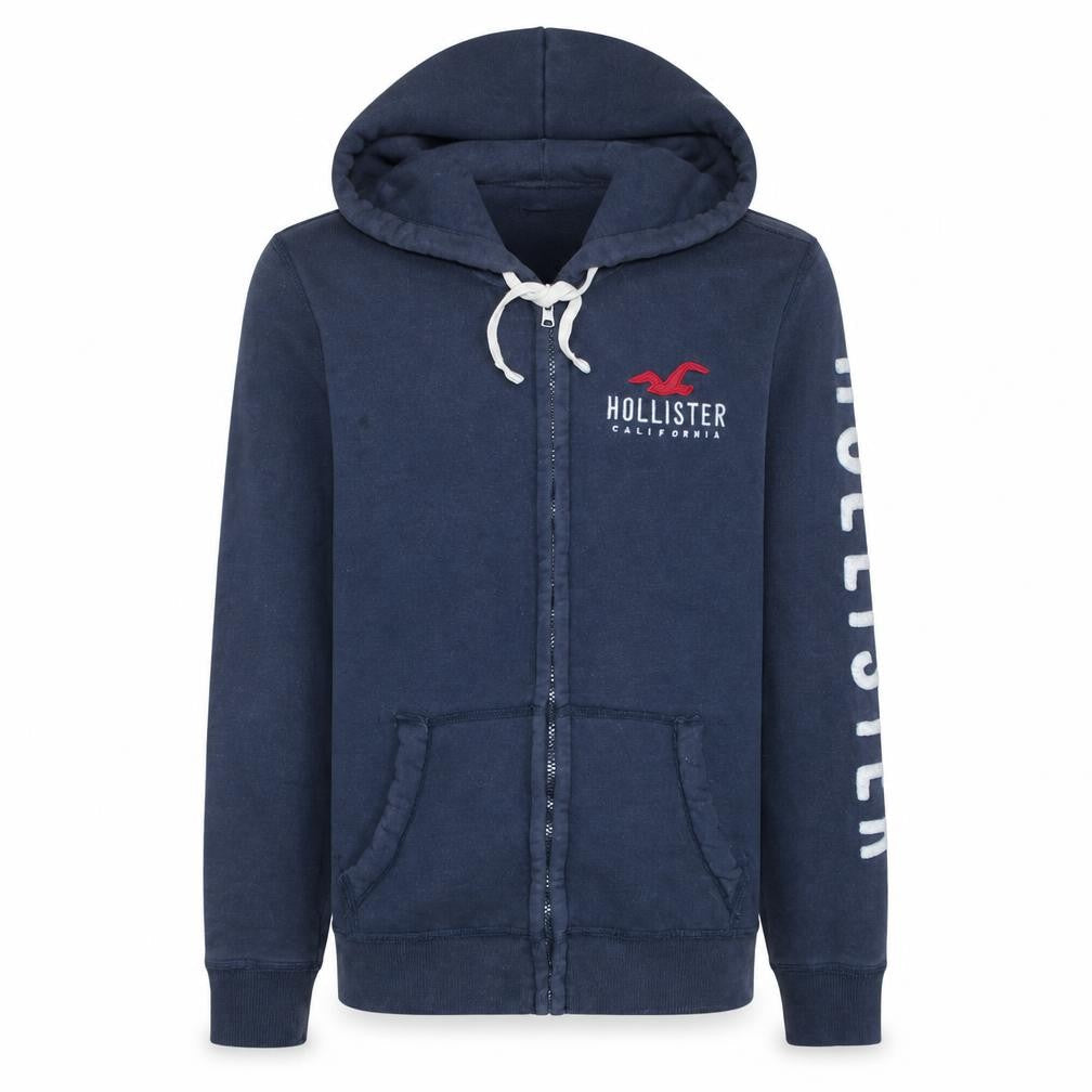 Hollister Men Blue Full Zip Hoodie M Logo Fleece Sweatshirt
