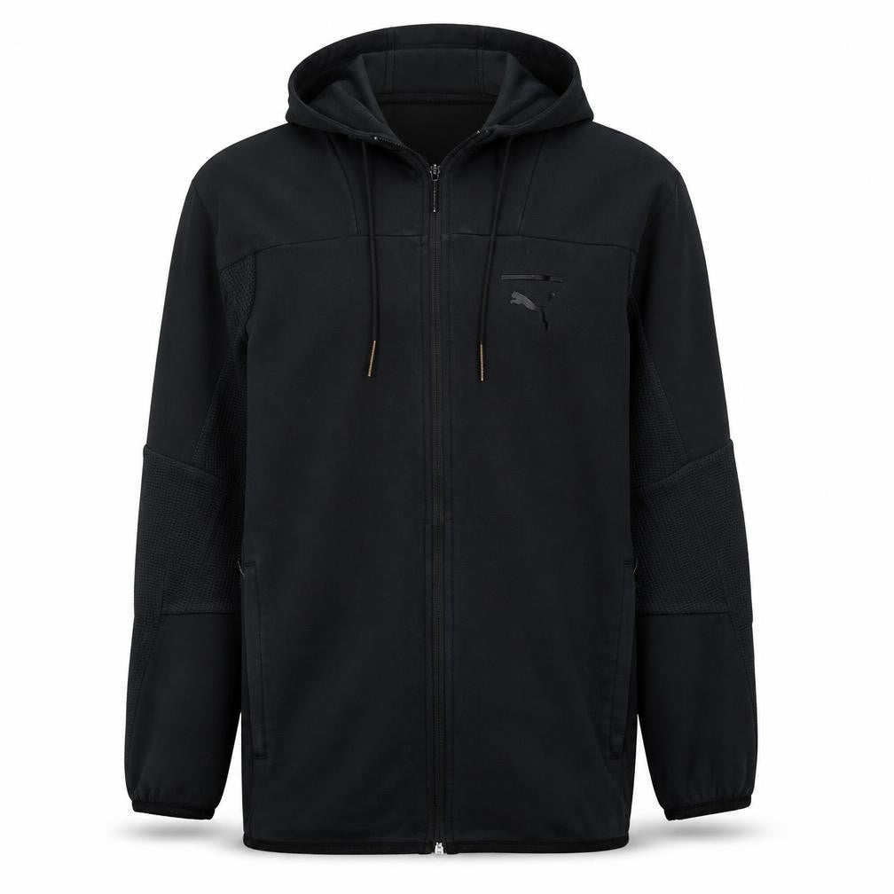 Front view of Puma Men's Black Full Zip Hoodie, size S, Fleece Sportswear