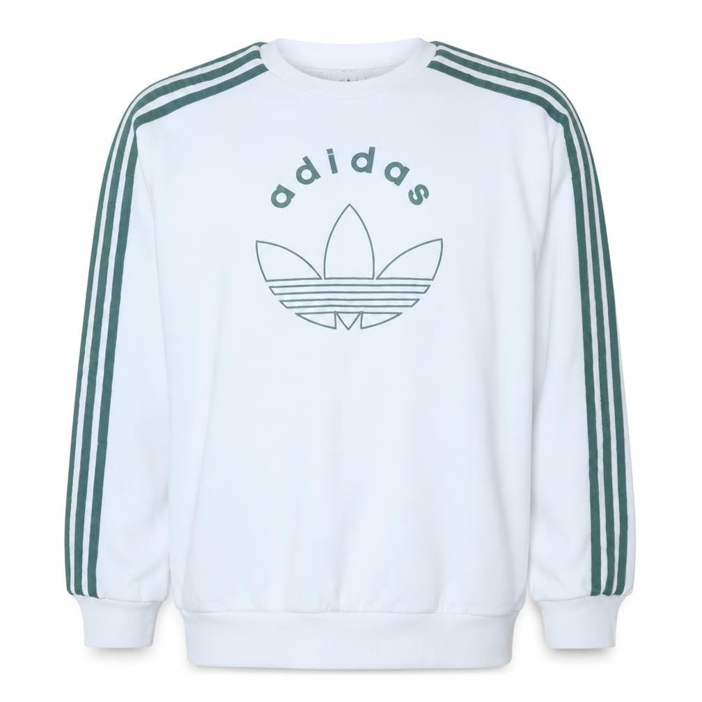 Front view of Adidas boys’ white 13-14 years pullover sweatshirt with logo and stripes