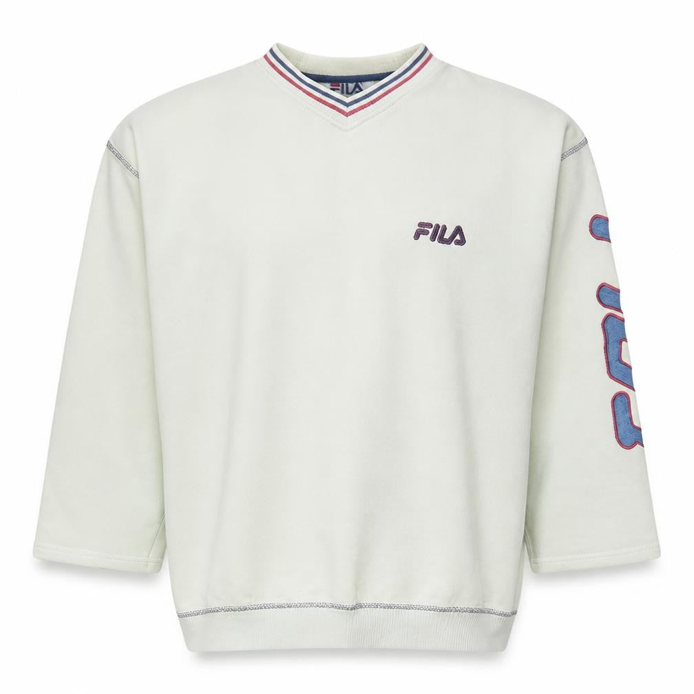 FILA Men's White Retro V-Neck Logo Pullover Sweatshirt L