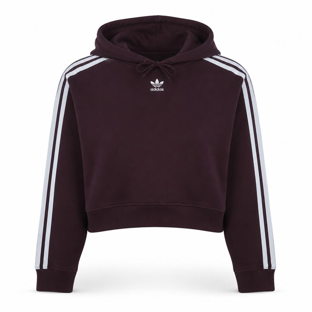 Front view of Adidas women’s burgundy cropped hoodie, size UK 8, cotton blend