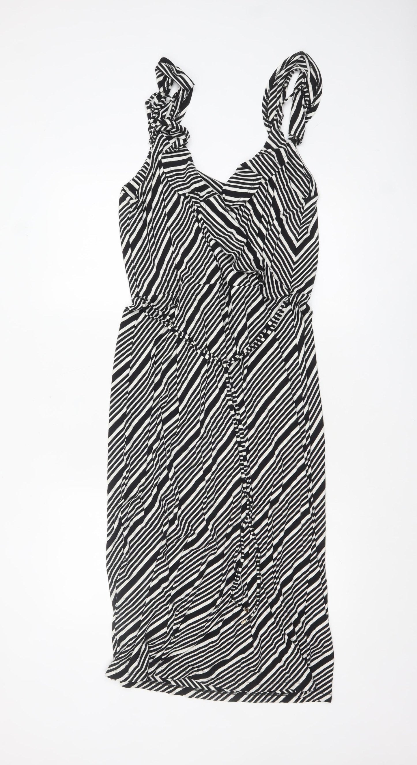 Oasis Women Black Striped Sleeveless Viscose A-Line Midi Dress L