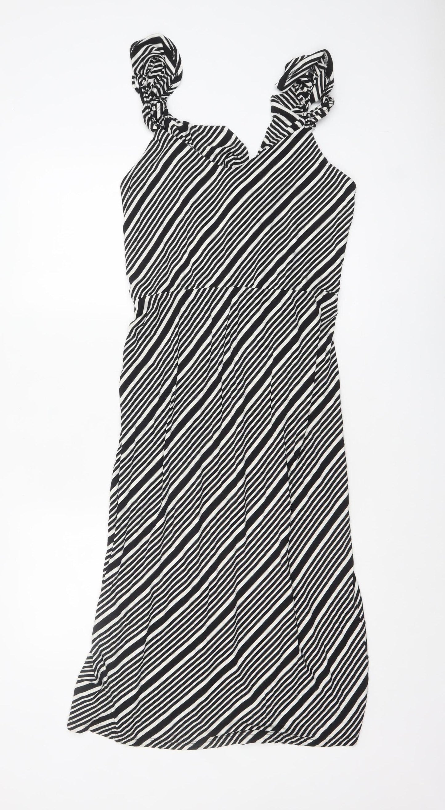 Oasis Women Black Striped Sleeveless Viscose A-Line Midi Dress L