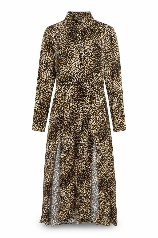 Front view of Topshop Petite Leopard Print Midi Shirt Dress Brown UK 4