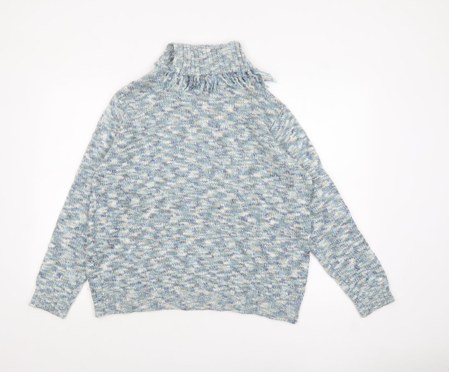 EWM Women’s Blue Chunky Knit Roll Neck Fringed Pullover Jumper L 18-20