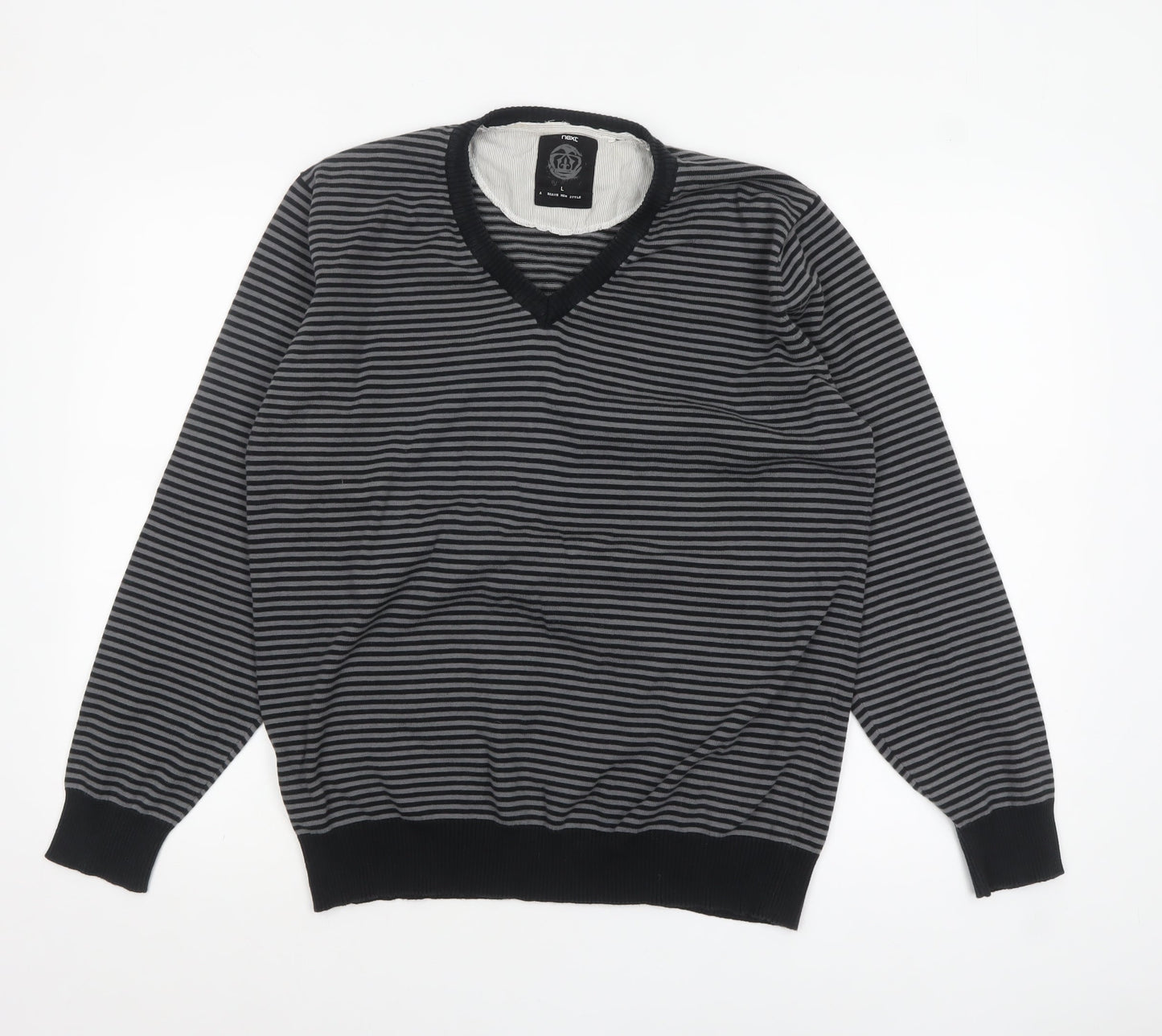 Next Mens Grey Striped V-Neck Cotton Jumper Size L