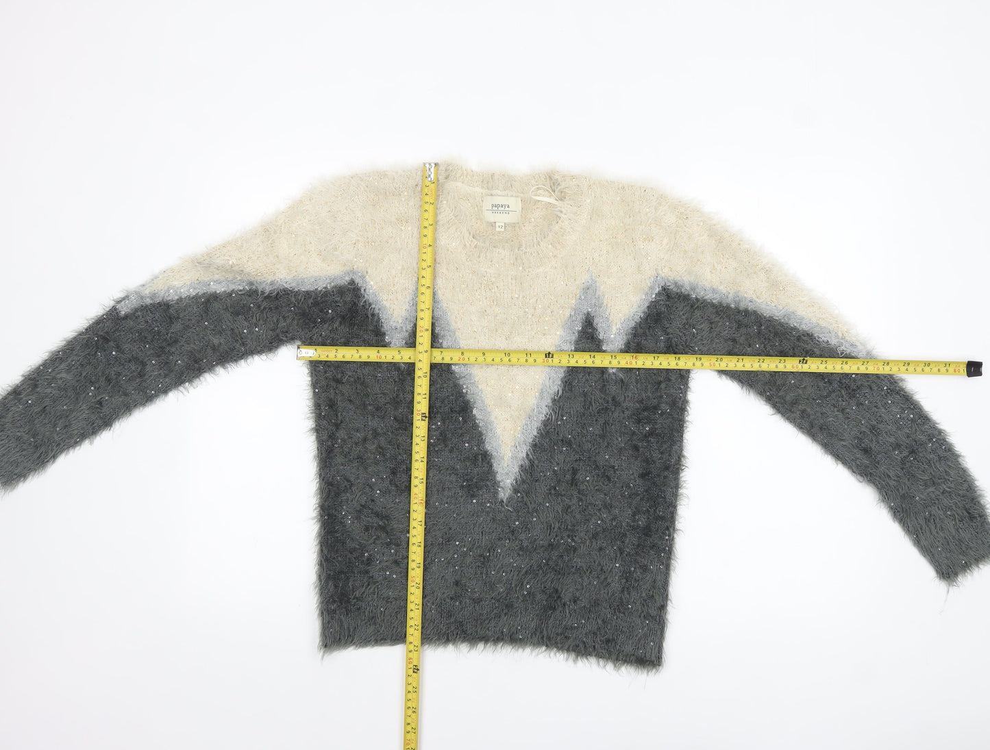 Papaya Women’s Grey Cream Sequin Fuzzy Knit Jumper Size 12