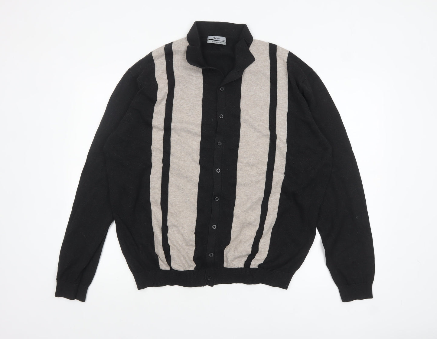Tu Men’s Black 2XL Cotton Button Up Collared Striped Cardigan