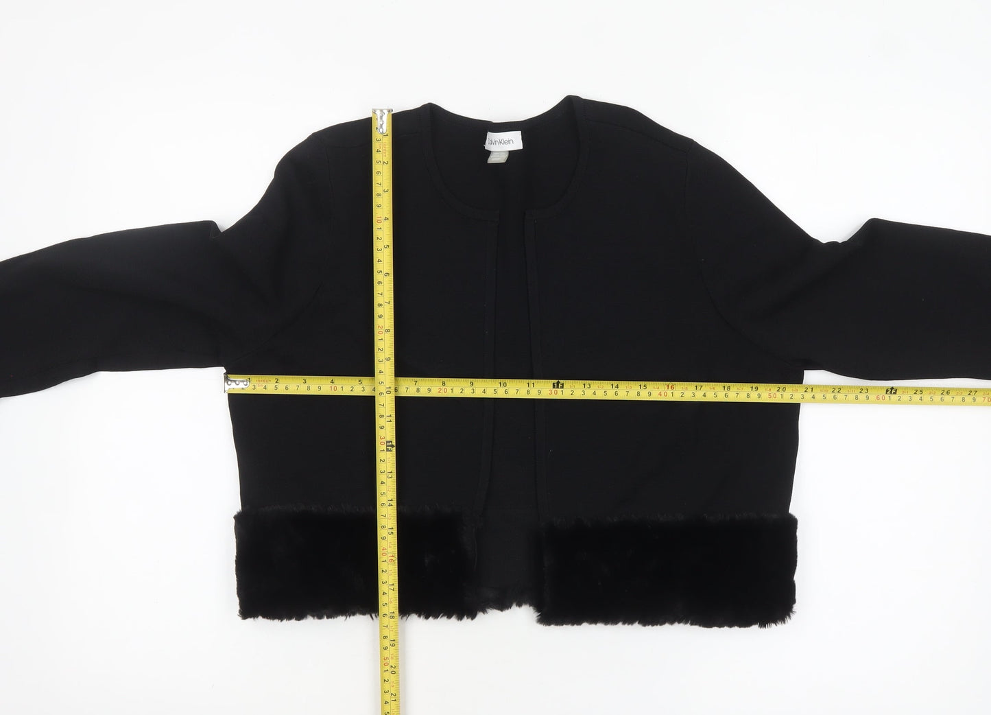 Calvin Klein Women Black Fur Trim Knit Cardigan M