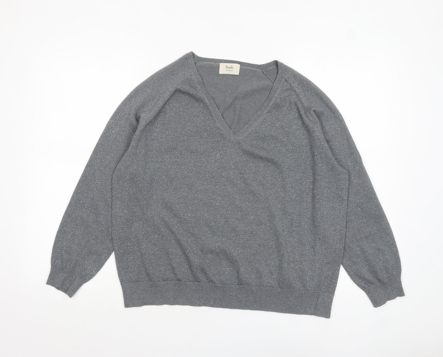 Hush Women's Grey V-Neck Knit Jumper Size S Relaxed Fit