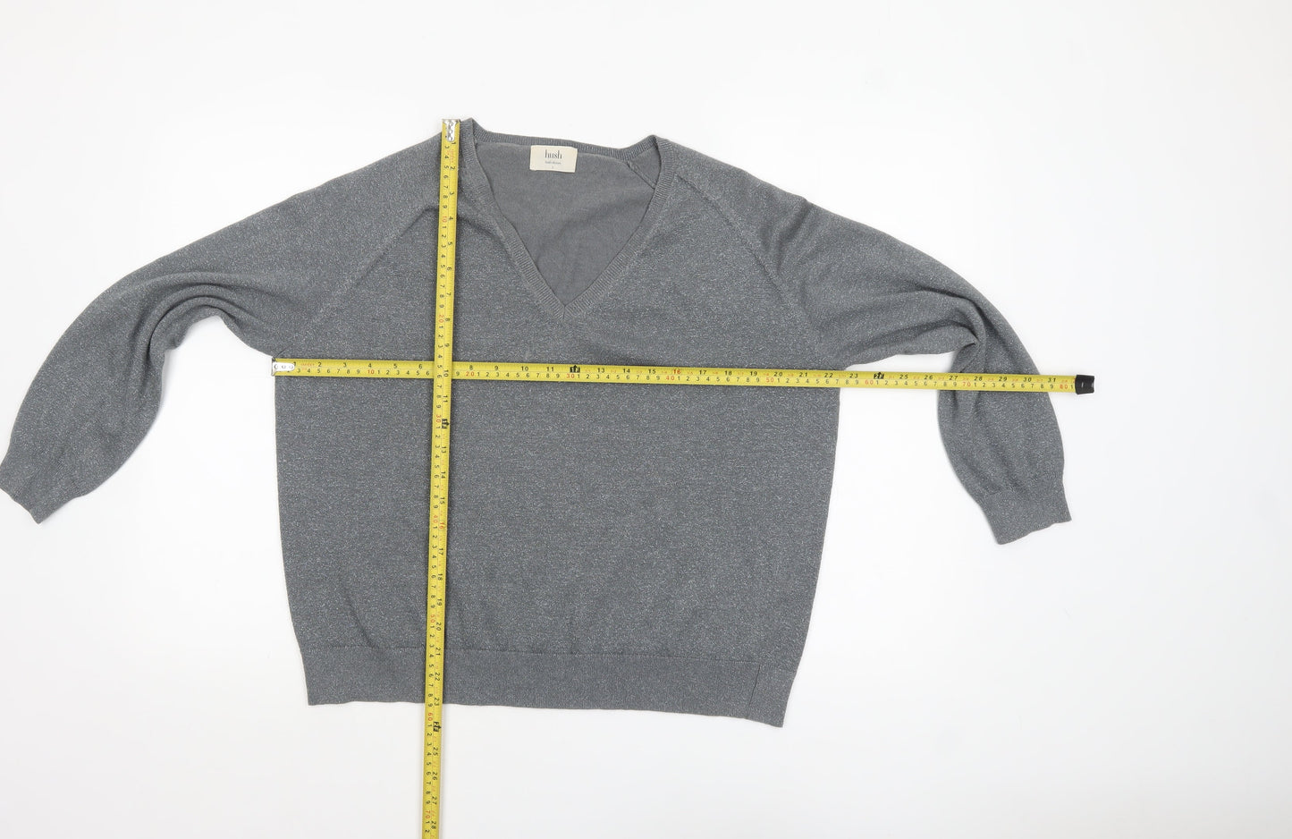 Hush Women's Grey V-Neck Knit Jumper Size S Relaxed Fit