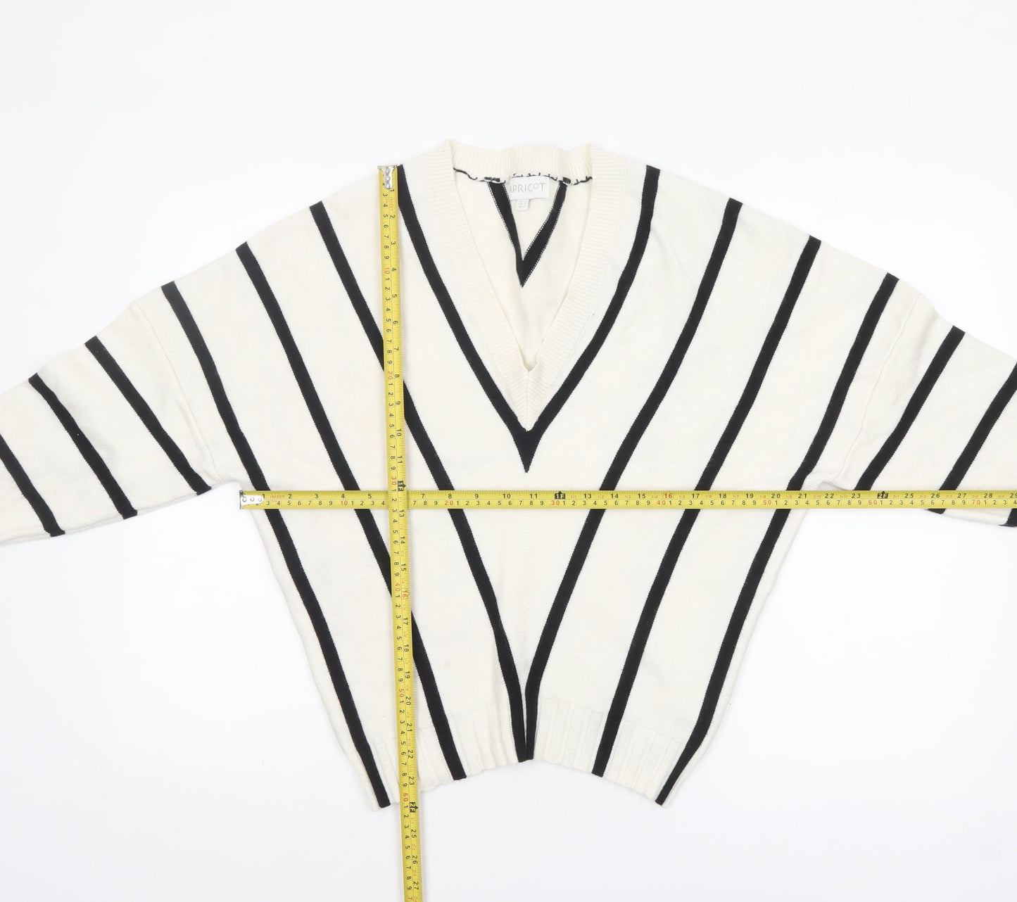 Apricot Women Ivory Black Striped V-Neck Relaxed Knit Jumper UK 12