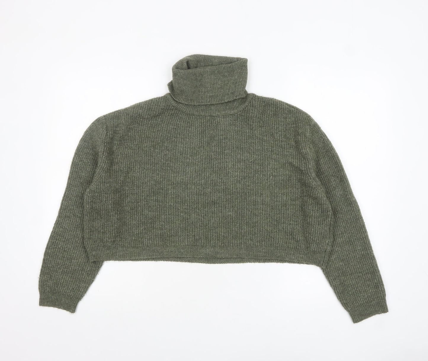 Stradivarius Women Green Roll Neck Rib-Knit Long Sleeve Pullover Jumper M