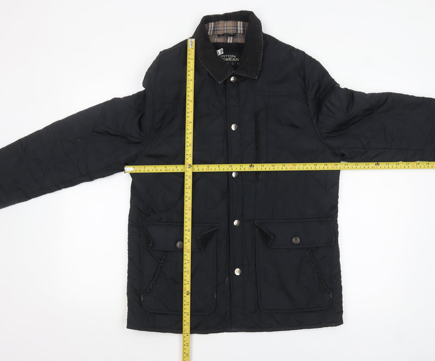 Burton Menswear Men's Black Quilted Jacket Medium Cord Collar