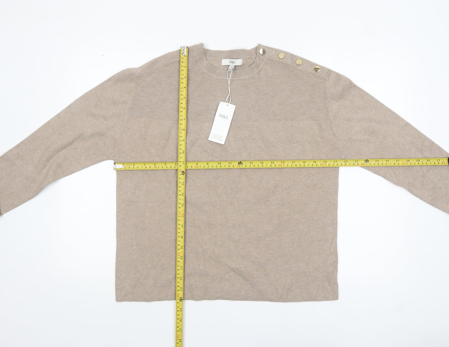 Marks and Spencer Women Beige Knit Button Shoulder Pullover Jumper M