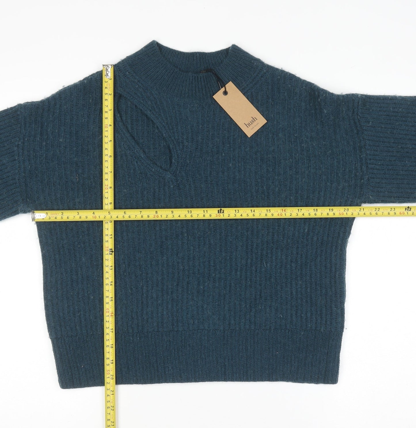 Hush Women Blue Ribbed High Neck Wool Blend Pullover Jumper Size S