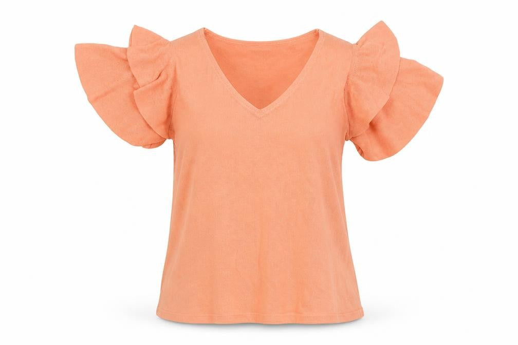 Marks and Spencer Women Pink Ruffle Sleeve V-Neck Knit T-Shirt Size 12
