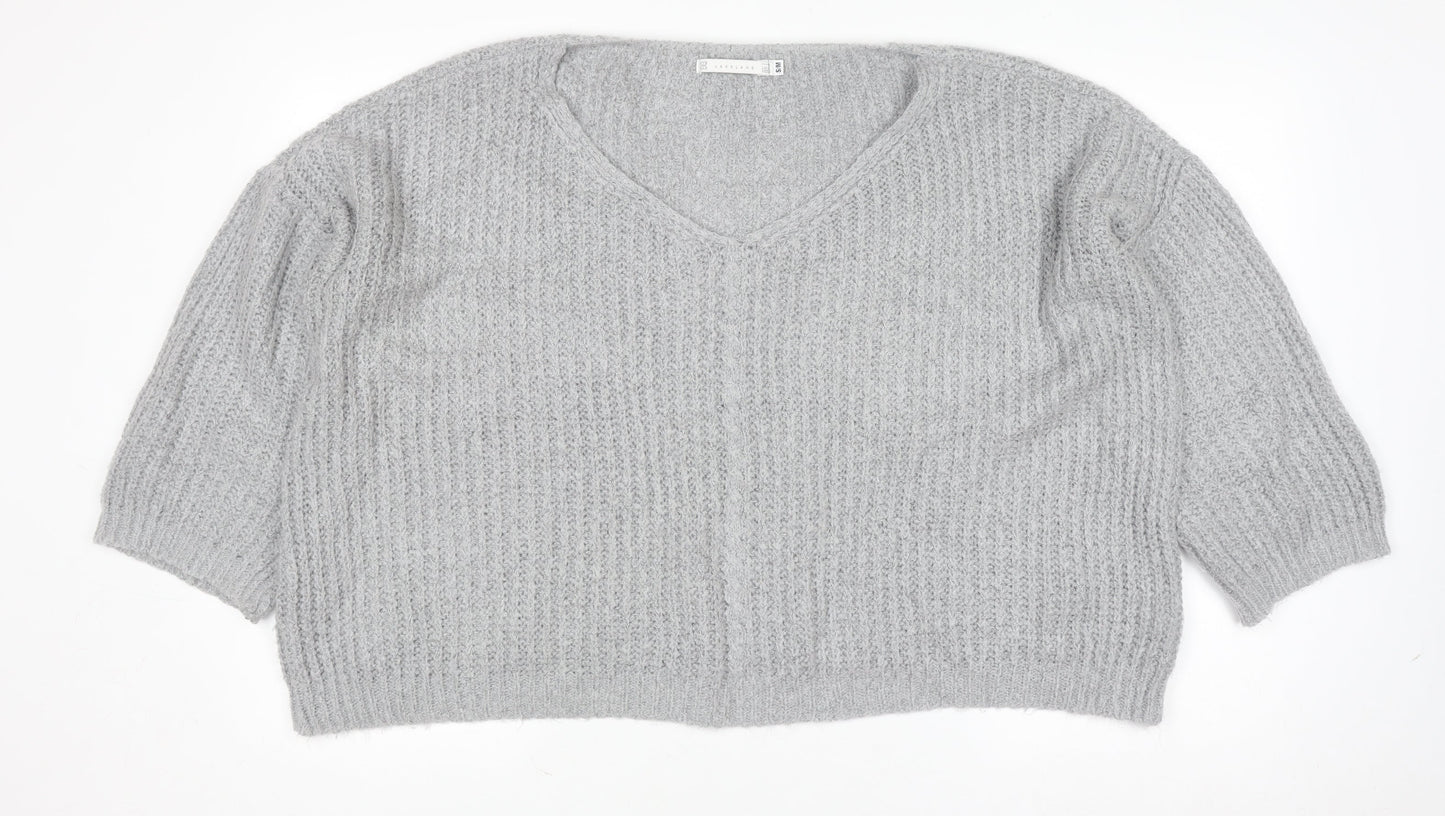 Lakeland Women Grey Chunky-Knit Acrylic V-Neck Pullover Jumper Size S
