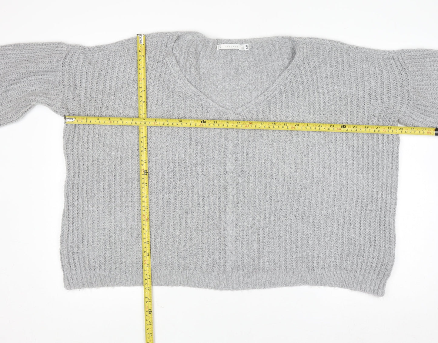 Lakeland Women Grey Chunky-Knit Acrylic V-Neck Pullover Jumper Size S