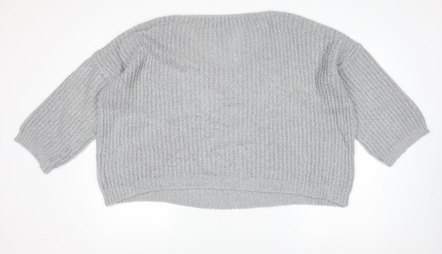 Lakeland Women Grey Chunky-Knit Acrylic V-Neck Pullover Jumper Size S