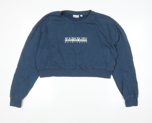 Napapijri Women Blue Medium Crew Neck Pullover Sweatshirt