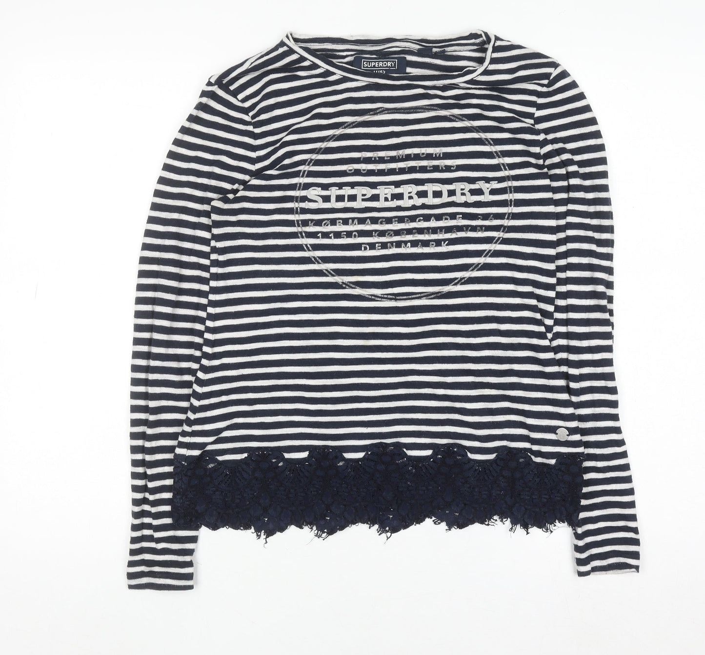 Superdry Women's Blue Striped Lace Hem Long Sleeve T-Shirt Size 10